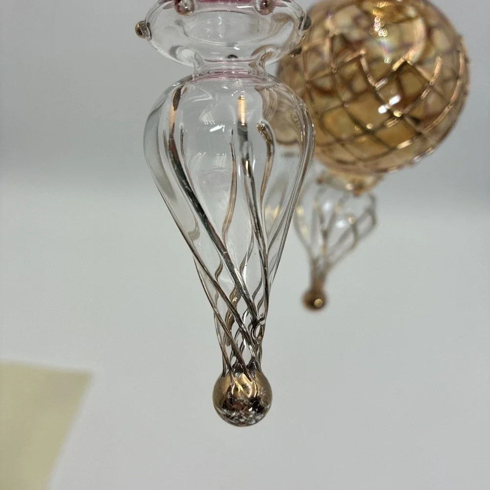 Vintage Hand Blown Glass Finial Christmas Ornaments Red Gold Lattice Set of 2